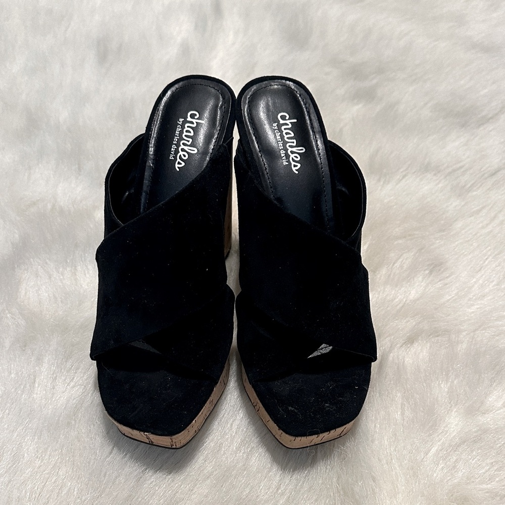 Charlies Black Suede Mules with Tan Soles, NWOTB